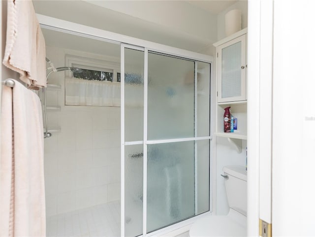 bathroom featuring a shower with shower door and toilet