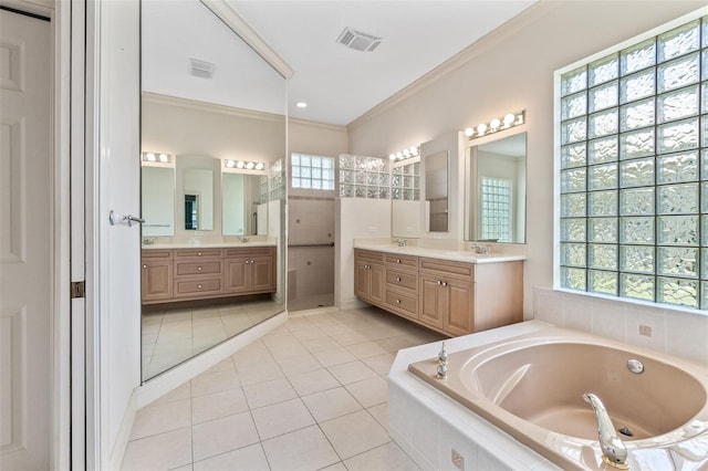 bathroom featuring vanity, tile patterned flooring, ornamental molding, and plus walk in shower