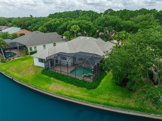 drone / aerial view featuring a water view