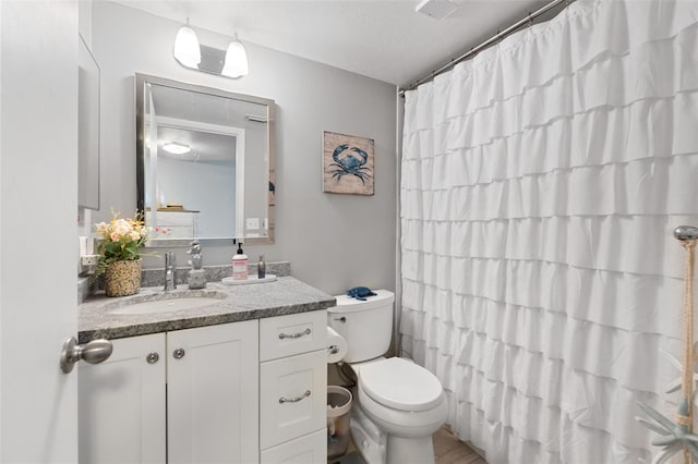 bathroom featuring a shower with curtain, vanity, and toilet