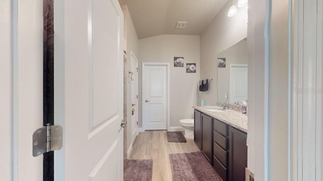 bathroom with vanity, a textured ceiling, vaulted ceiling, hardwood / wood-style flooring, and toilet