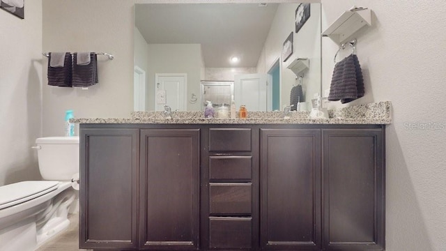 bathroom featuring vanity, toilet, and a shower with door