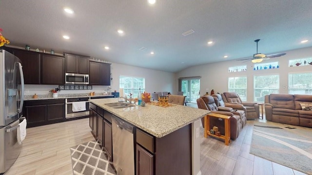 kitchen with a kitchen island with sink, plenty of natural light, ceiling fan, and stainless steel appliances