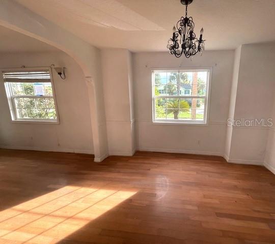 spare room featuring plenty of natural light, a chandelier, and light wood-type flooring