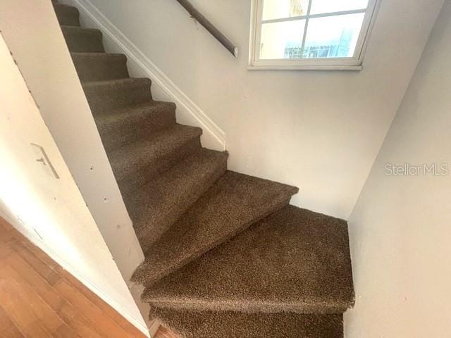 stairs featuring hardwood / wood-style floors