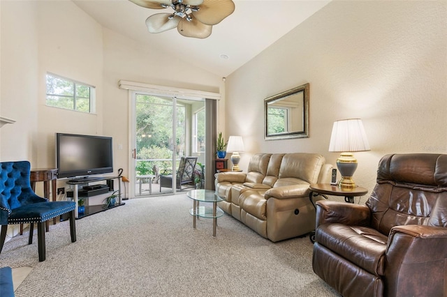 living room featuring ceiling fan, light colored carpet, and high vaulted ceiling