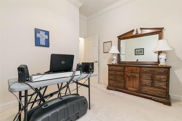 carpeted office space featuring ornamental molding