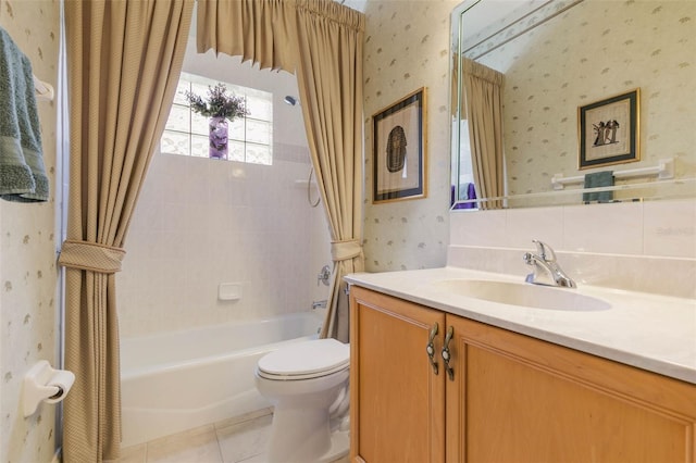 full bathroom with toilet, vanity, tile patterned flooring, and shower / bath combination with curtain