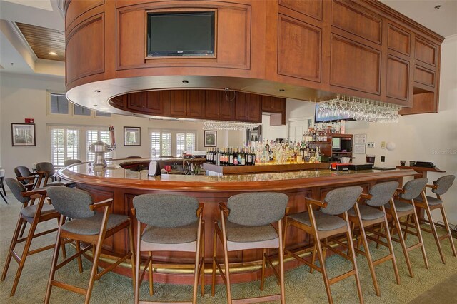 bar featuring a raised ceiling