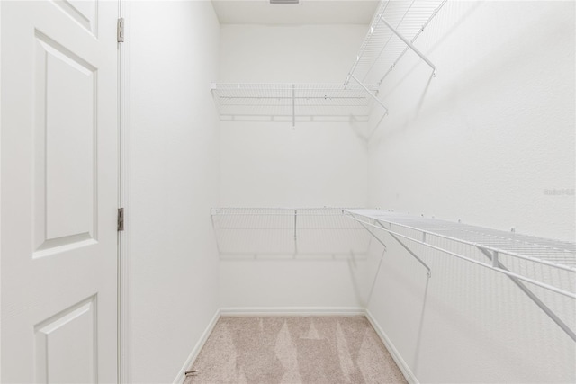 walk in closet featuring light colored carpet