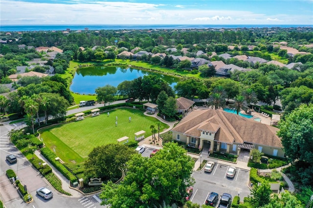 aerial view featuring a water view