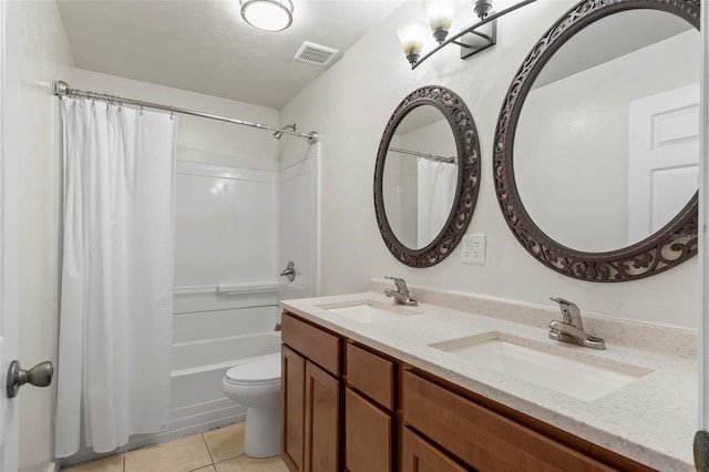 full bathroom with tile patterned flooring, vanity, toilet, and shower / tub combo with curtain