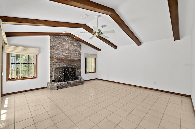 unfurnished living room featuring lofted ceiling with beams, a brick fireplace, light tile patterned floors, and ceiling fan