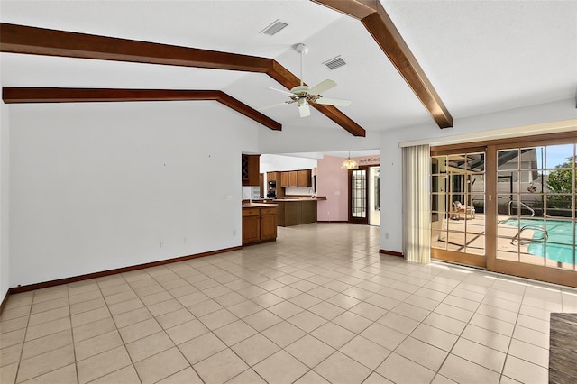 unfurnished living room featuring light tile patterned flooring, ceiling fan, and vaulted ceiling with beams