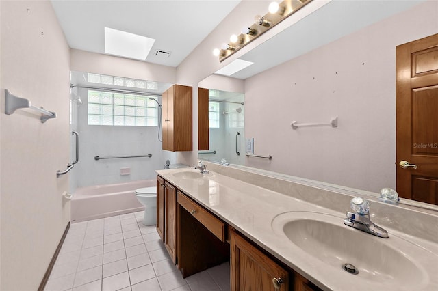 bathroom featuring tile patterned flooring, vanity, a skylight, and toilet