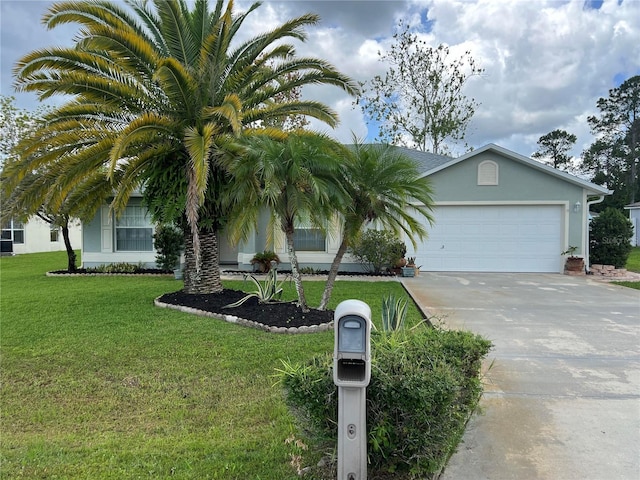 view of front facade with a front yard and a garage