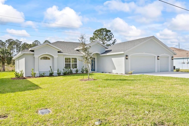 single story home featuring a front yard and a garage