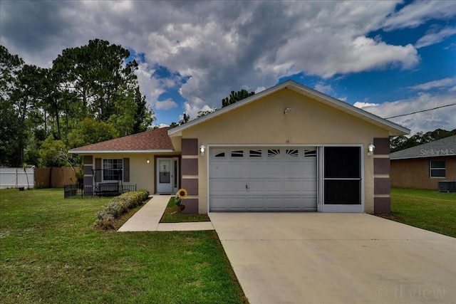 ranch-style house featuring covered porch, a front yard, a garage, and central air condition unit