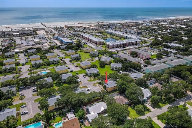 aerial view featuring a beach view and a water view