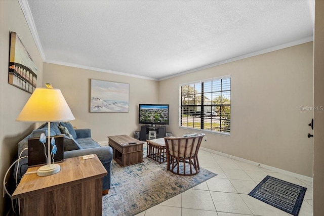 tiled living room featuring ornamental molding and a textured ceiling