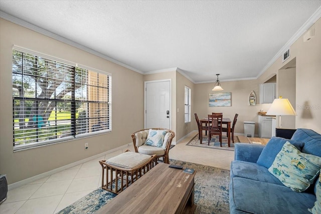 living room with a textured ceiling, light tile patterned floors, and ornamental molding