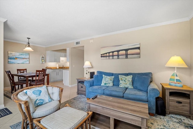 tiled living room with ornamental molding