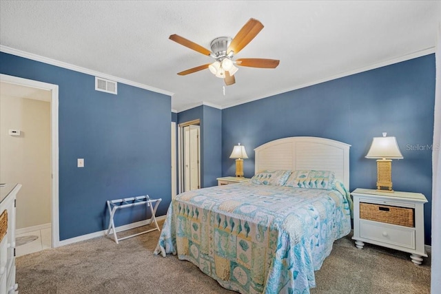 carpeted bedroom with ceiling fan and crown molding