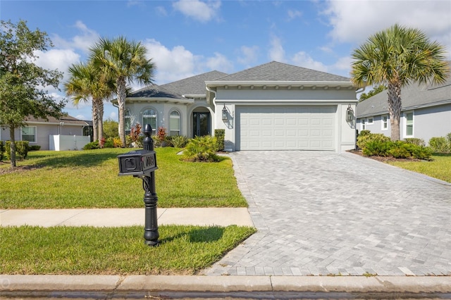 view of front of house with a front yard and a garage