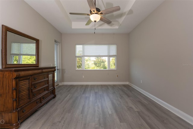 unfurnished room with a raised ceiling, a wealth of natural light, ceiling fan, and light wood-type flooring