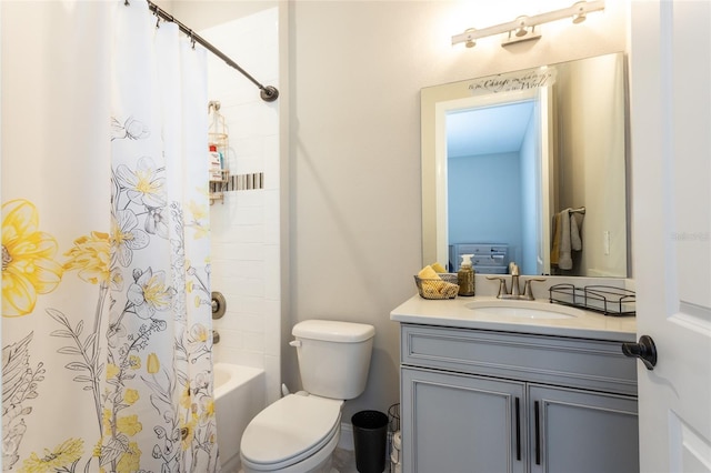 full bathroom featuring vanity, toilet, and shower / bathtub combination with curtain