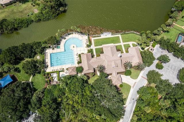 drone / aerial view featuring a water view