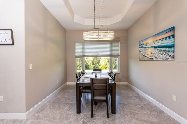 dining room with a raised ceiling and a notable chandelier