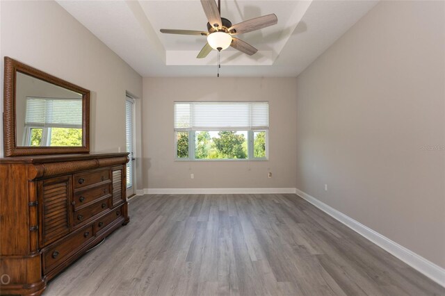 spare room featuring ceiling fan, light hardwood / wood-style floors, a raised ceiling, and a wealth of natural light