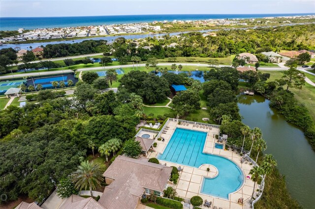 drone / aerial view with a water view