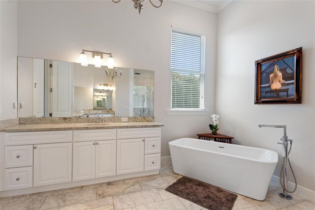12245 Park Ave, Windermere, FL 34786 - bathroom with marble finish flooring, a chandelier, a tile shower, and ornamental molding