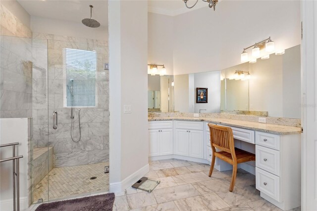 12245 Park Ave, Windermere, FL 34786 - full bath with a shower stall, marble look tiles, vanity, and baseboards