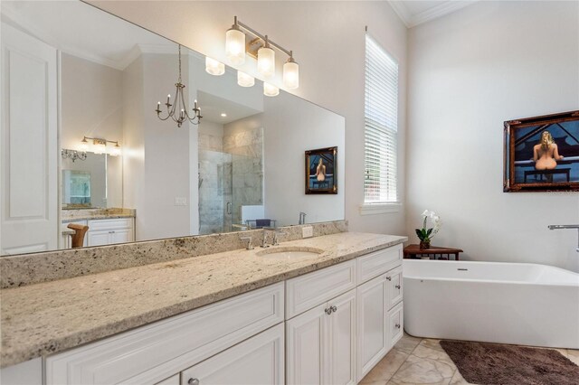 12245 Park Ave, Windermere, FL 34786 - full bathroom with a shower stall, marble finish flooring, healthy amount of natural light, crown molding, and vanity