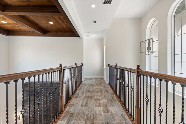 12245 Park Ave, Windermere, FL 34786 - corridor with recessed lighting, light wood-style flooring, baseboards, wooden ceiling, and beamed ceiling