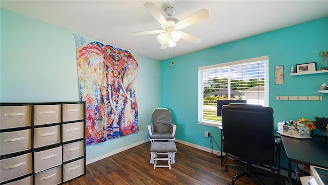 home office featuring dark wood-type flooring and ceiling fan