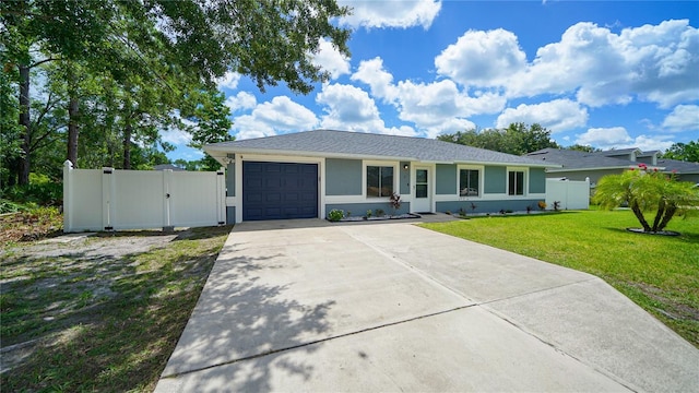 ranch-style house featuring a garage and a front yard