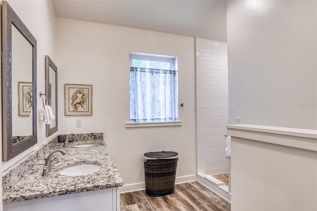 bathroom with a shower, hardwood / wood-style floors, and vanity