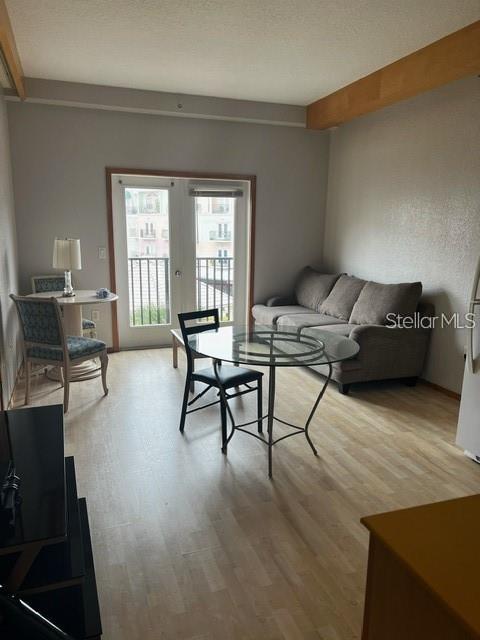 living room featuring light hardwood / wood-style floors and french doors