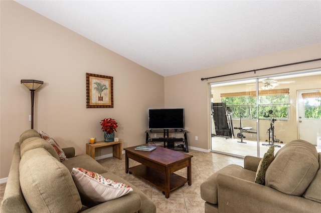 tiled living room featuring lofted ceiling