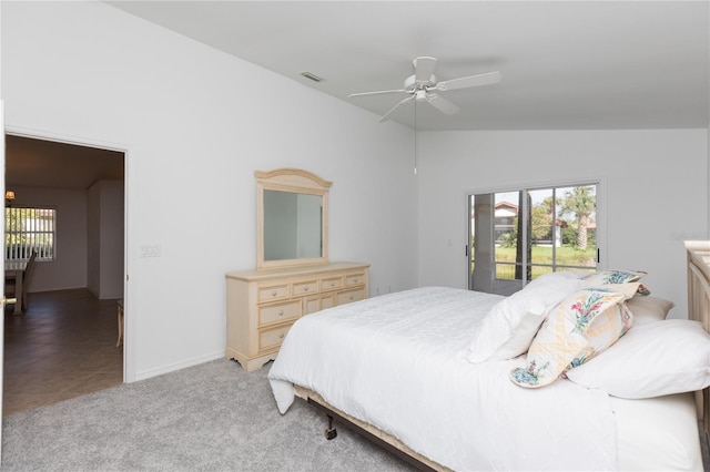 bedroom featuring tile patterned flooring, access to outside, ceiling fan, and vaulted ceiling