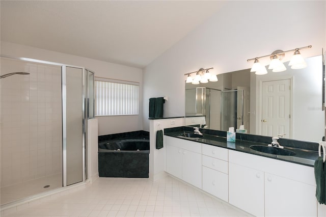 bathroom featuring plus walk in shower, lofted ceiling, and vanity