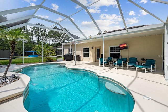 view of swimming pool with a lanai, a patio area, and grilling area