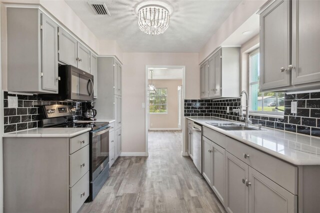 kitchen with gray cabinets, light hardwood / wood-style floors, sink, stainless steel appliances, and backsplash