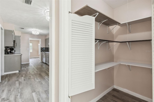 walk in closet featuring built in desk and light wood-type flooring