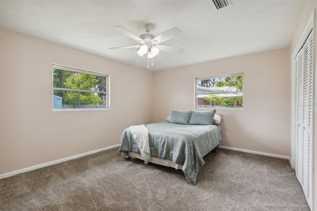 bedroom with ceiling fan, multiple windows, a closet, and carpet