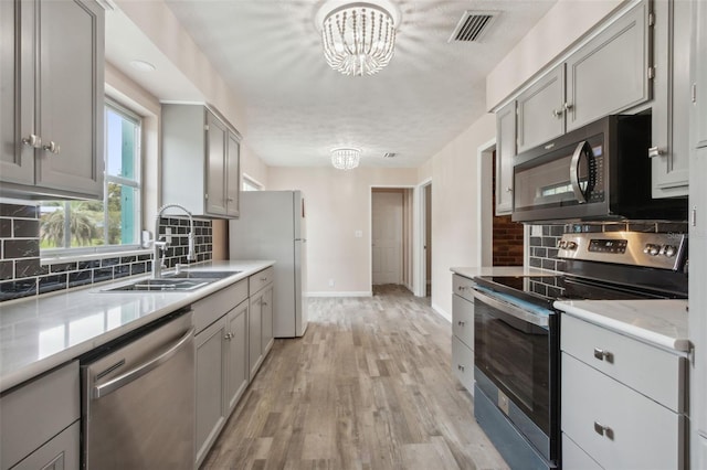 kitchen featuring sink, light hardwood / wood-style flooring, backsplash, gray cabinets, and appliances with stainless steel finishes